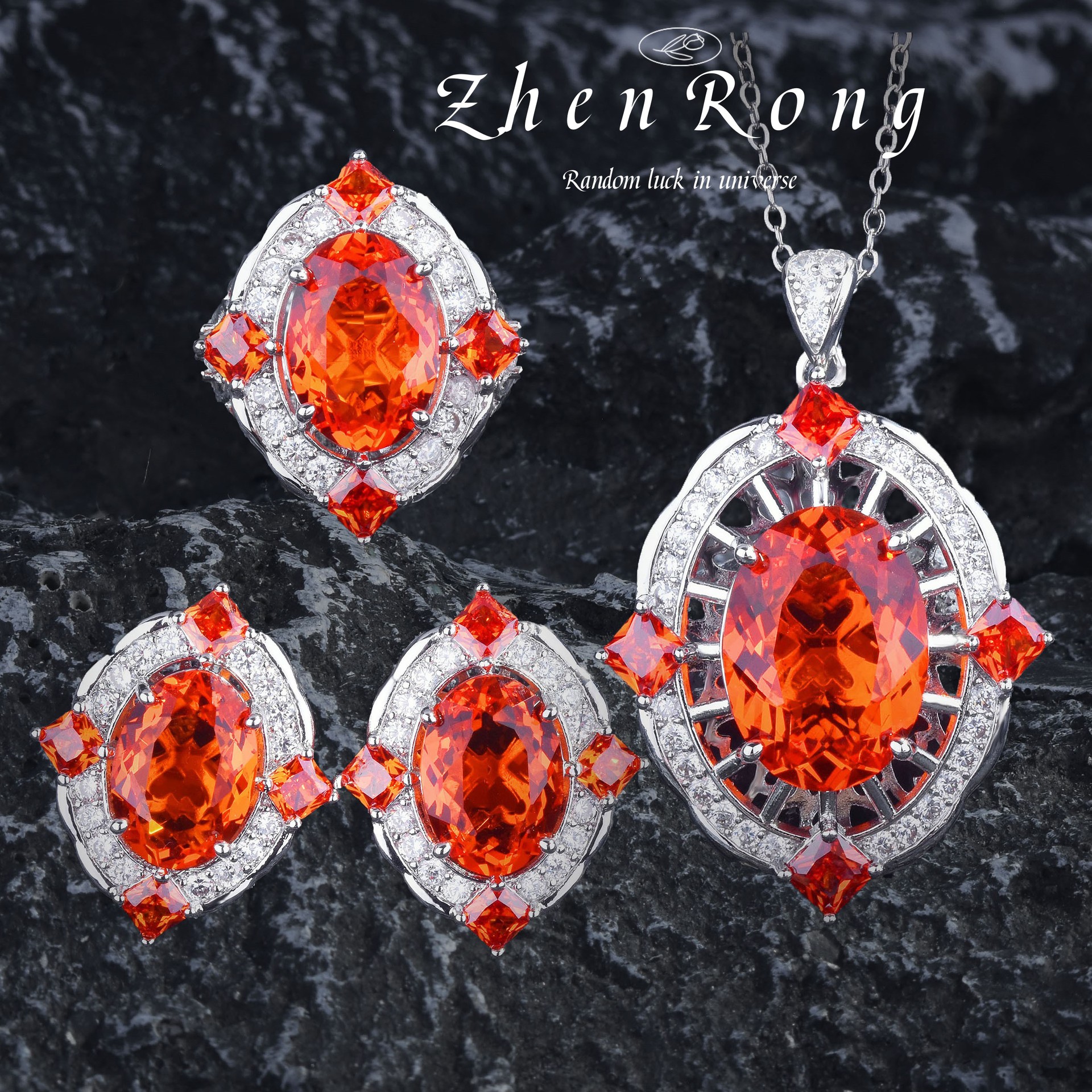 European and American Luxury Heavy Industry Bottom Design Fanta Color Pendant Necklace Pigeon Hemoglobin Ring Earrings Color Treasure suit