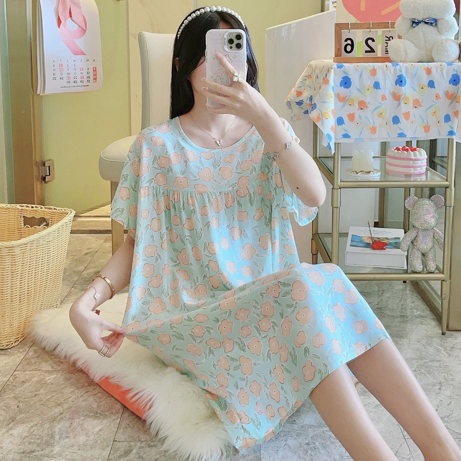 Picture of Cotton Silk Nightgown Women's Spring and Autumn Summer Thin Pajamas Korean Sweet Girls Online Celebrant Live Explosions Home Outwear Skirt