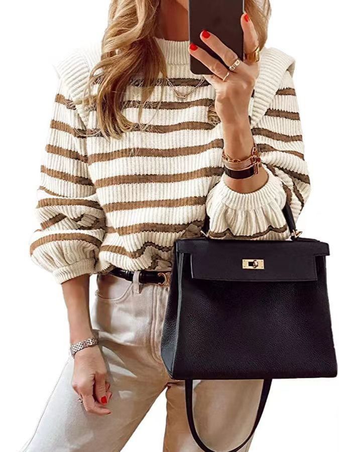 Picture of Aliexpress New 2025 Women's Fashion Striped Round Neck Puff Sleeve Sexy Knitted Sweater