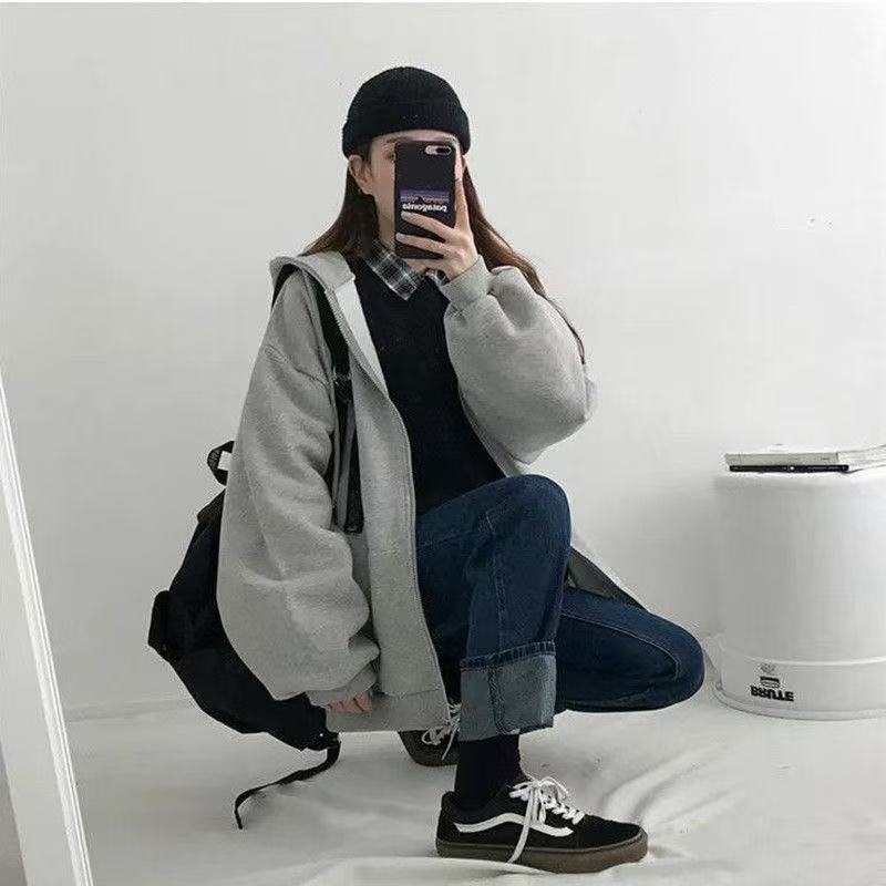 Picture of Trendy gray hooded women's sweatshirt 2025 season new fleece American retro niche casual trend jacket trend