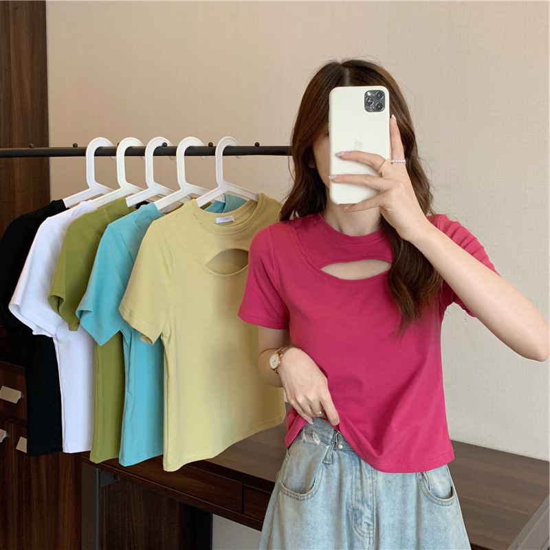Women's Hollow-Out Short-Sleeve T-Shirt, Summer Korean Style 2022 New Slim-Fit Slimming Top, Trendy on Instagram
