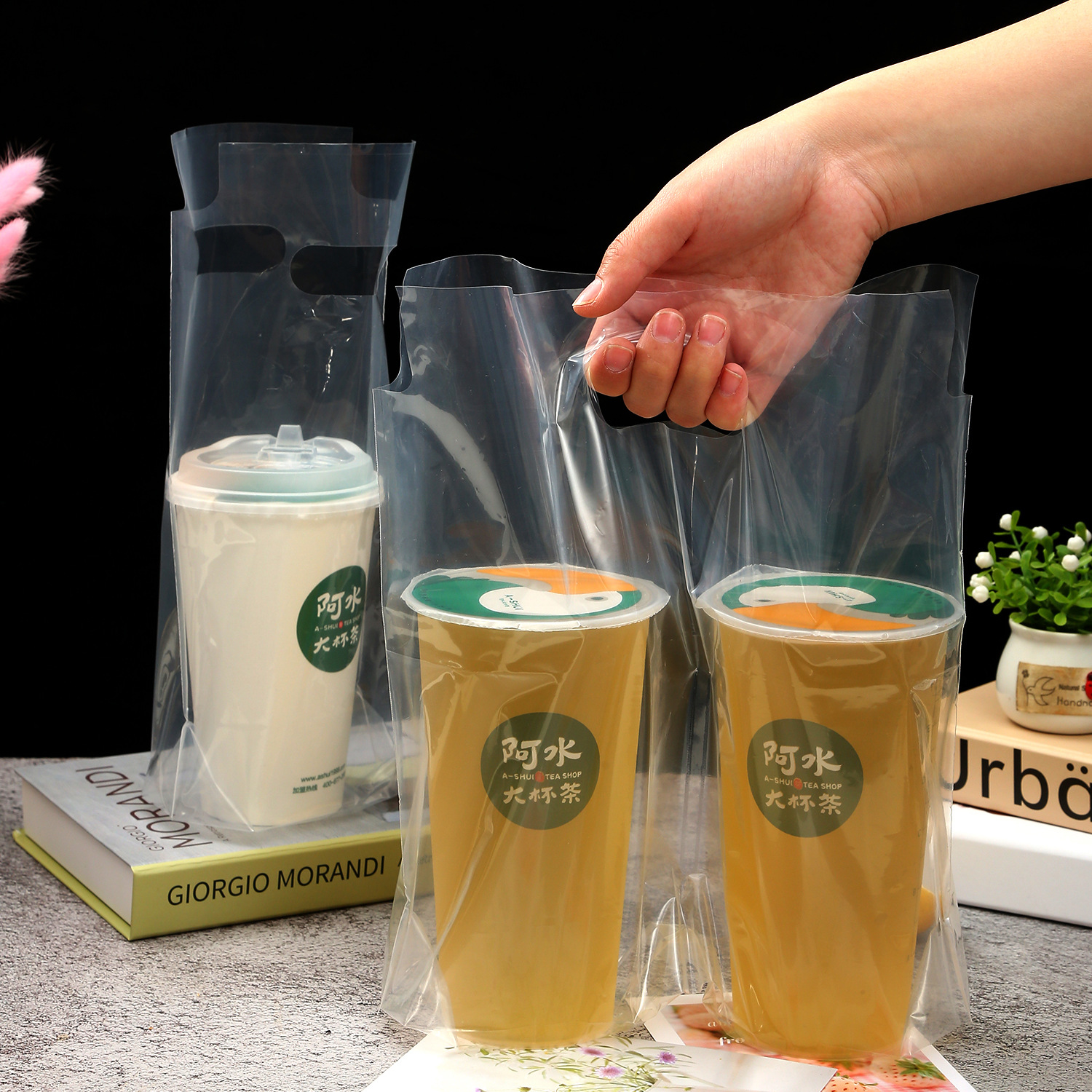 Milk Tea Bag Coffee Drink Take-out Disposable Single and Double Cup Portable Milk Tea Packing Bag with Cup Holder High Pressure Transparent
