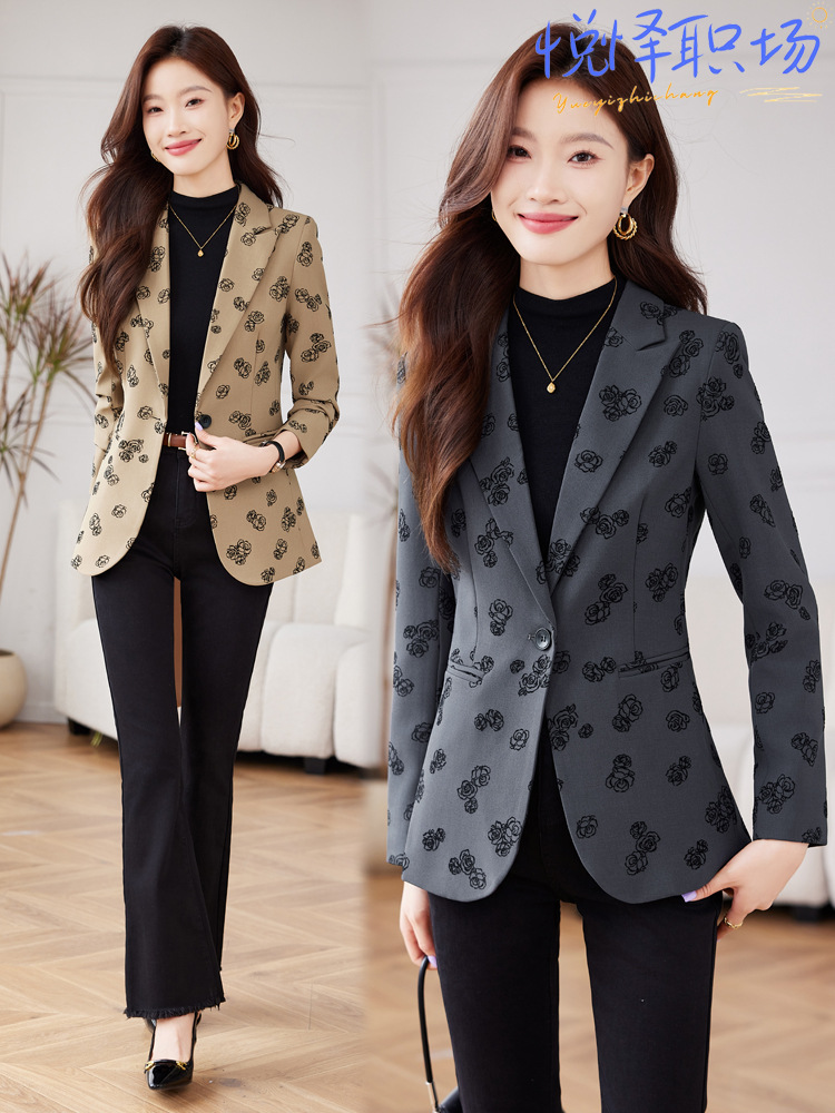 2024 Printed Suit 2022 New Spring and Autumn Korean-style plus size Short Slim-fit Retro Long-sleeved Suit Jacket for Women