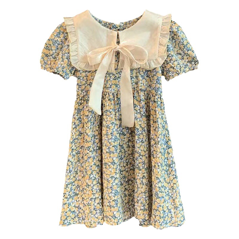 2024 summer new girls Korean style lapel floral princess dress children baby summer short sleeve dress