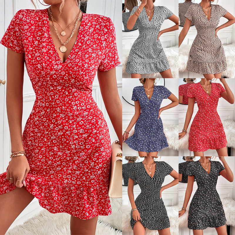 2022 summer European and American cross-border exclusive women's clothing AliExpress Amazon hot selling V-neck dot floral dress women
