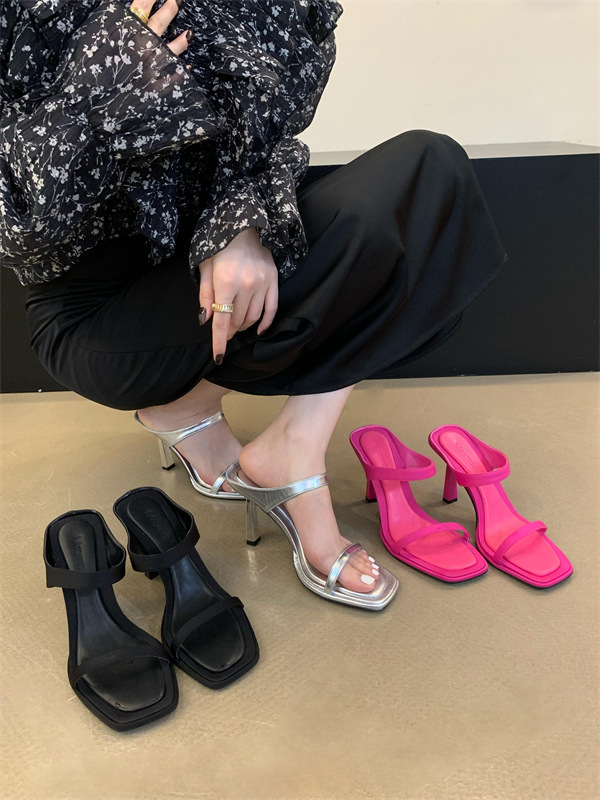 New 24 Summer Korean Style Square Open Toe Thin Heel One-word Belt Rear Empty One-pedal Women's High Heel Sandals Three-color Hot