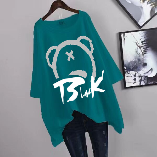 Picture of 100kg Plus Size Women's Summer Leaf Print Casual Slit Mid-Length Short Sleeve T-Shirt Loose Oversized Style