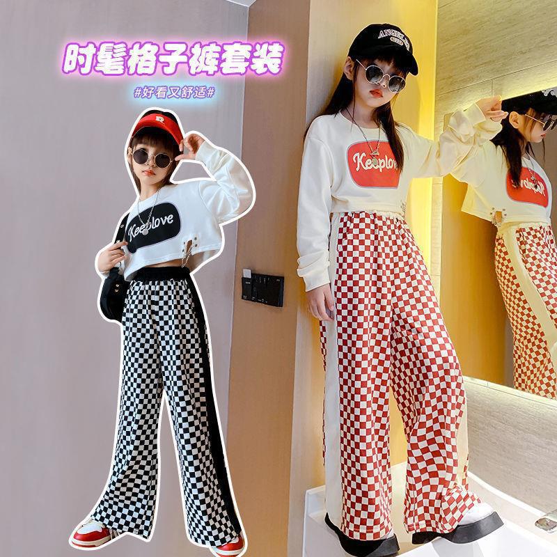 Picture of Girls' Korean style Spring and Autumn new casual suit children's western style letter short top fashionable plaid pants two-piece suit
