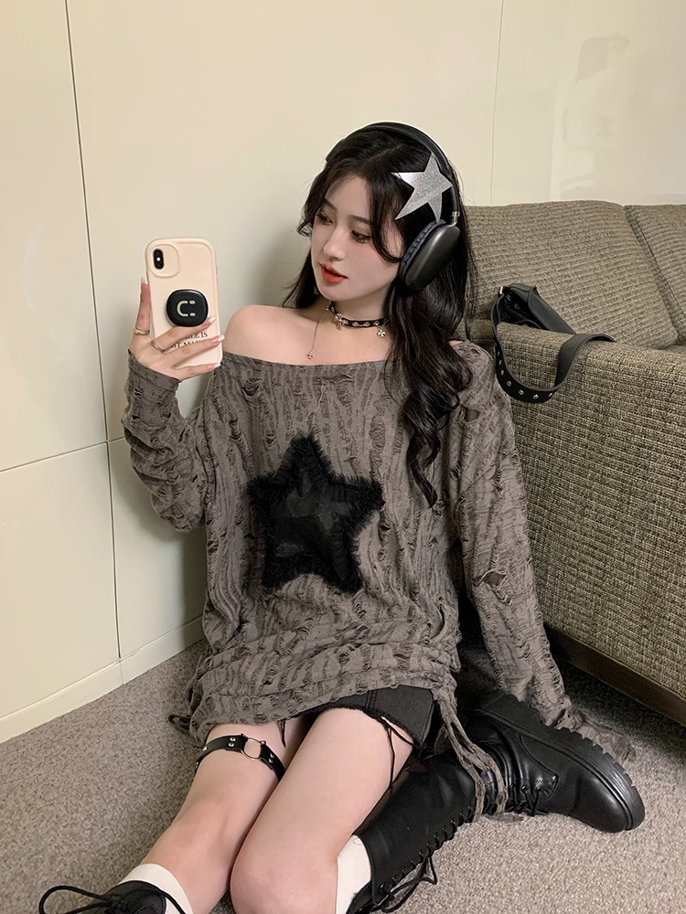 Spice Girls Laid-back Hole Shoulder Long-sleeved T-shirt Women's Autumn Star Design Loose Drawstring Mid-length Top