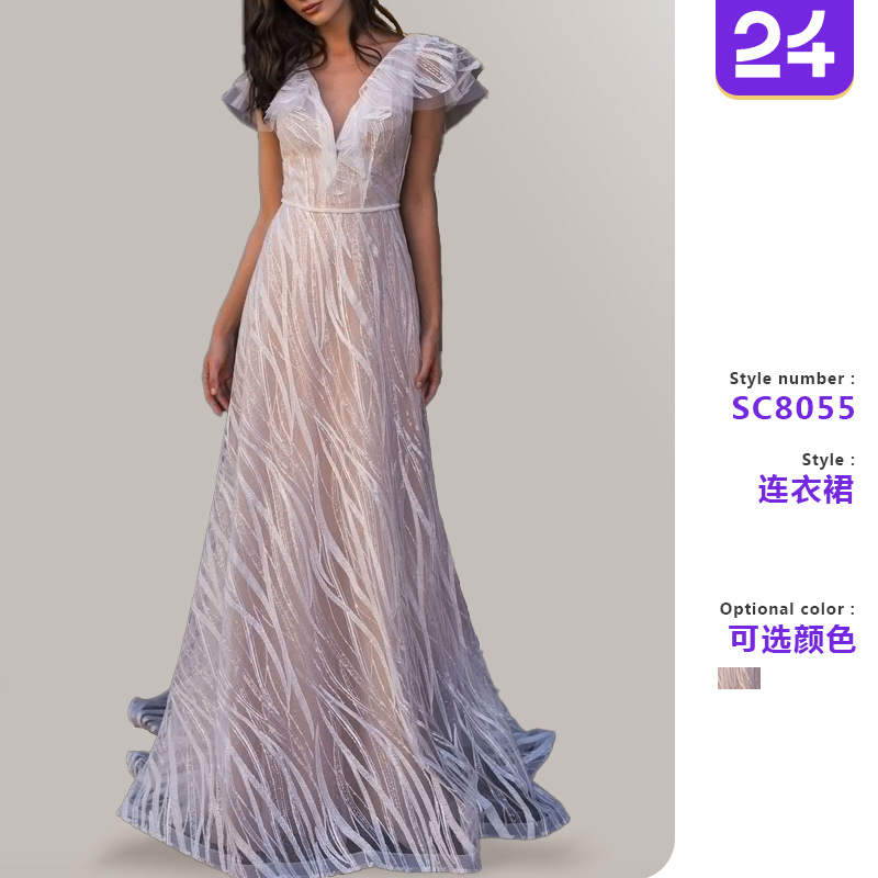 2025 New Temperament Commuting White Evening Dress Sexy Amazon Willow Leaf Sexy V Neck Dress