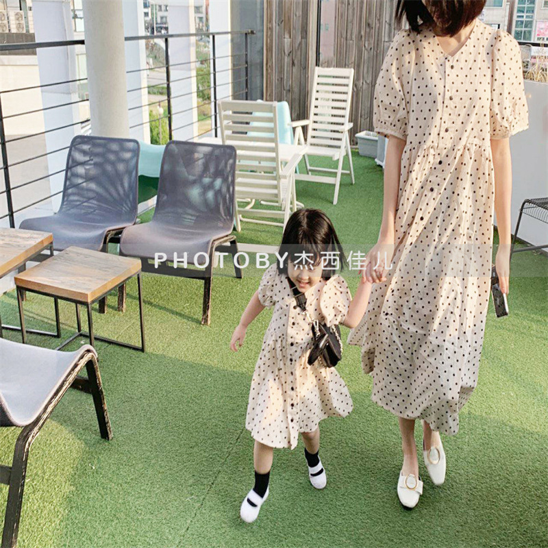 Picture of 2022 summer Korean style parent-child clothing new Korean style polka dot bubble short sleeve Princess casual women's clothing Dress 1