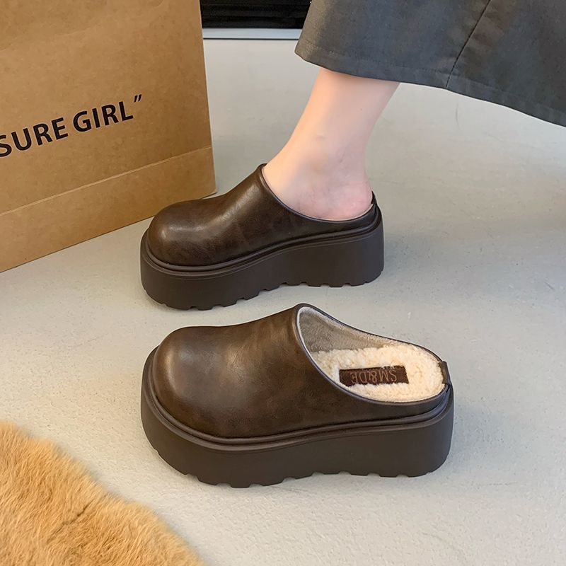 Thick-Soled Height-Increasing Closed-Toe Half-Slippers for Women, 2025 Autumn New Style, Retro Platform Cotton Slippers for Women