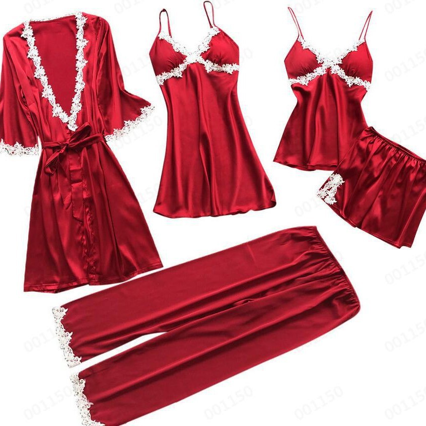2019 European and American Sexy Five-Piece Pajamas for Women Summer Mid-Sleeve Bridal Dressing Gown Plus Size Home Clothes Nightgown Bathrobe Wholesale