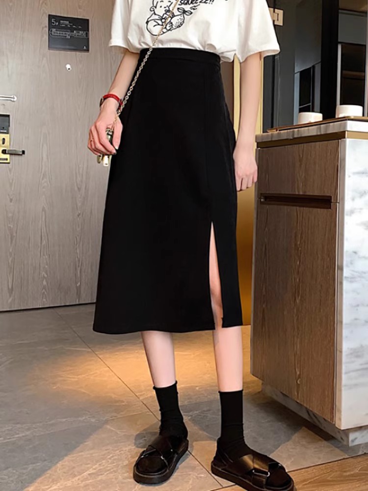 Black Mid-length Skirt Women's High-end Dipdown One-step Skirt Pear-shaped Figure Temperament Split High A- line Skirt