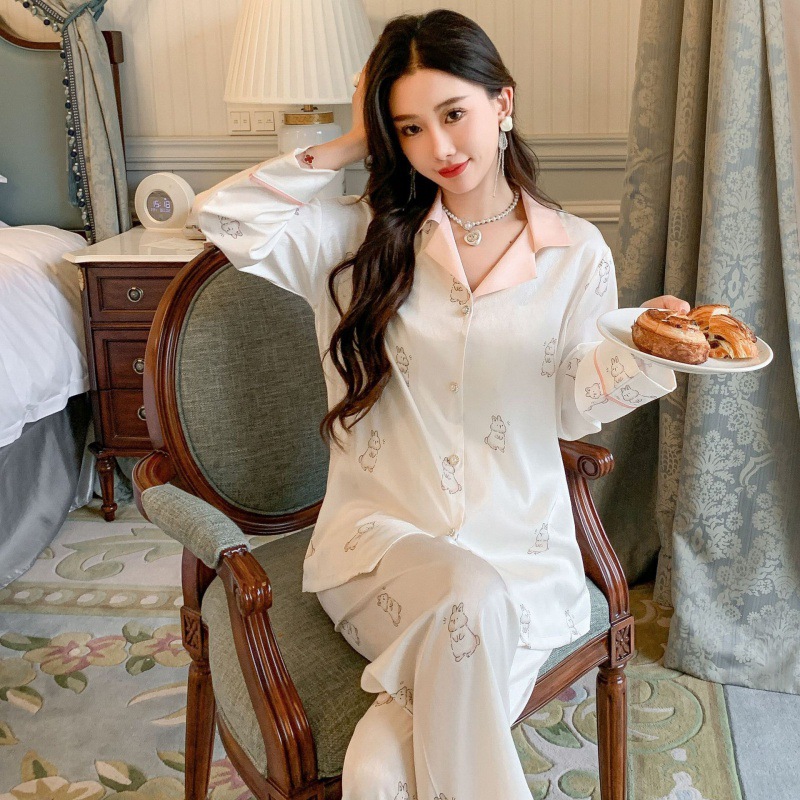 [Lucky cute rabbit] manufacturers wholesale cartoon pajamas women's lapel thin imitation silk ladies home clothes suit
