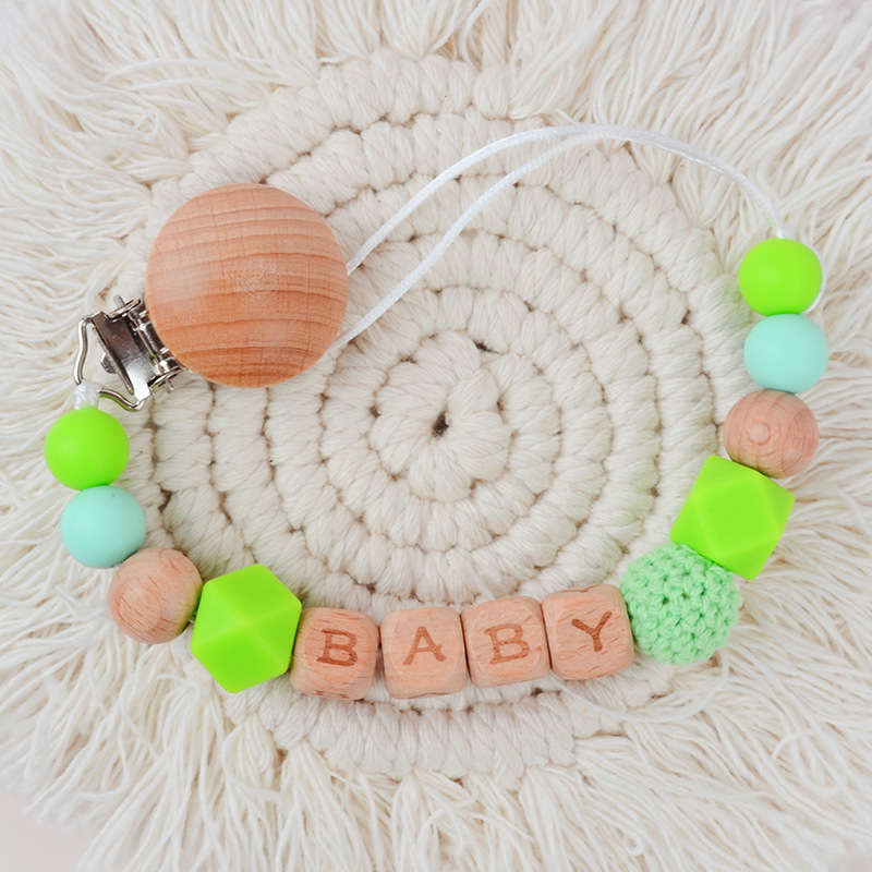 Picture of New Beech pacifier clip Beech letters BABY silicone octagonal beads wool crochet anti-drop chain
