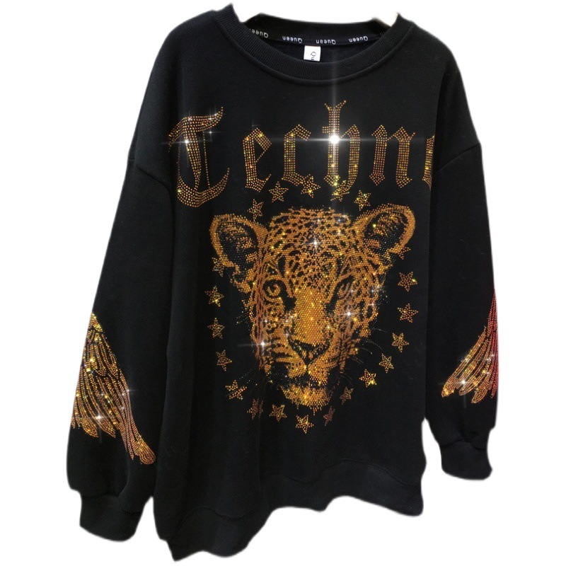 Extras Size 1.00 kg-150.00 kg chubby girl European Heavy Industry Hot Drilling Sweatshirt Women's Aggressive Leopard Light Luxury Round Neck Loose Top