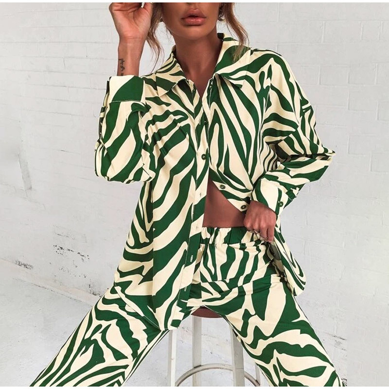 2023 Spring and Summer Cross-border New Street Trendy Printed Pants Suit Long-sleeved Full-width Printed Shoulder Shirt Suit