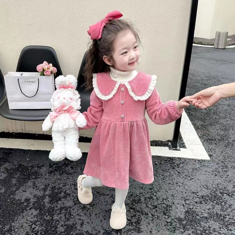Fashionable and Stylish Girl's Velvet Warm Dress 2024 New Year's Red New Year's Greetings Dress Doll Collar Girl Princess Dress
