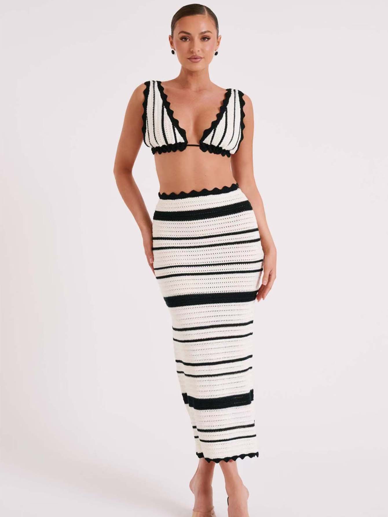 European and American Cross-Border Striped Two-Piece Women's Clothing Amazon Knitted Suspender Wrap Top Skirt Fashion Suit for Women