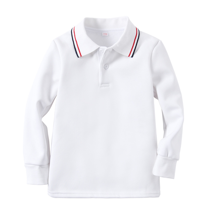 Picture of Children's Polo Shirt Long Sleeve Fleece Lapel White T-Shirt Boys and Girls Winter Thickened Warm Base Shirt School Uniform T