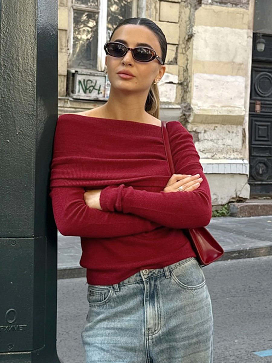 Angora Red One-Line Collar Off-Shoulder Knitwear 2025 Autumn and Winter European and American Fashion Versatile Long-Sleeved T-Shirt Knitwear Women's Clothing