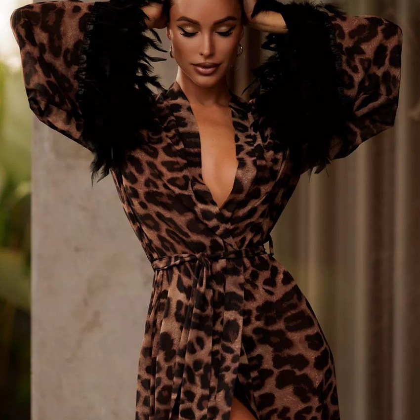 European and American Summer Deep V Leopard Print Sexy Pajamas Women's Home Wear Feather Stitching Long Sleeve Long Strap Nightgown Cross-border