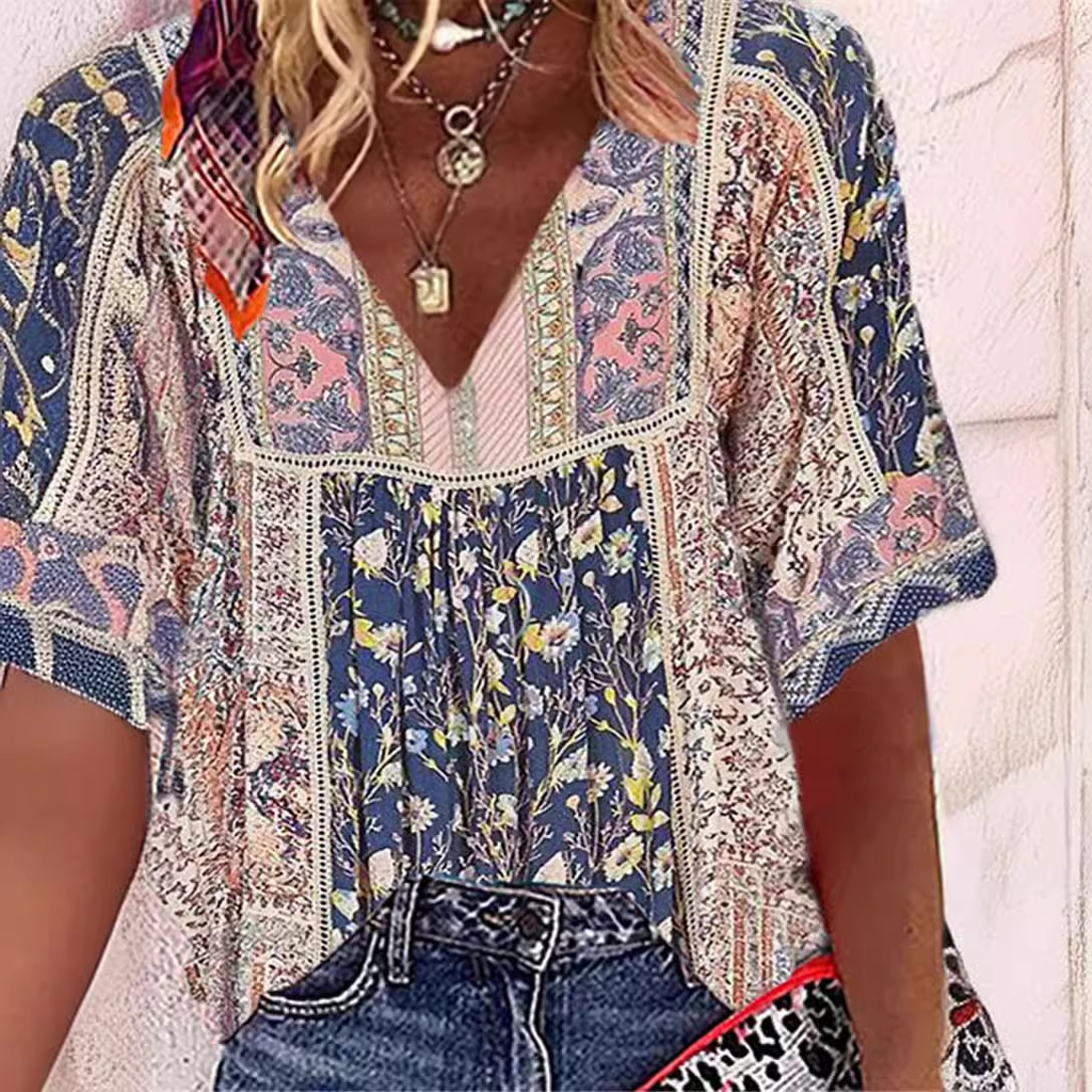 European and American Cross-Border Export Spring and Summer Blouses Amazon Summer New Printed V Neck Loose Urban Casual T-Shirts