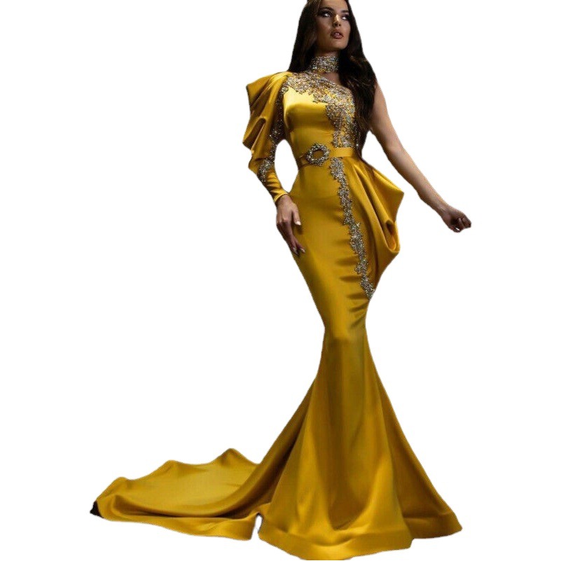 2025 Autumn European and American Export New Evening Dress Ebay Amazon Women's Gold-Sprinkled Turtleneck Dress Banquet Dress