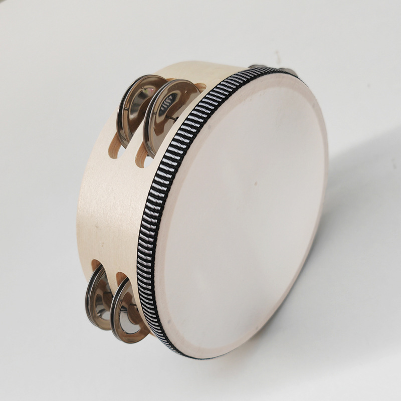 Picture of Wooden Double Row Tambourine Kidsren's Tambourine Percussion Instrument Imitation Goatskin Hand Drum Rattle Orff Musical Instrument Teaching Aids