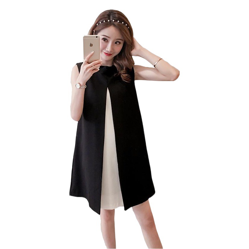 Spot Summer New Simple Black and White Color Matching Bow Tie A-Line Vest Maternity Skirt