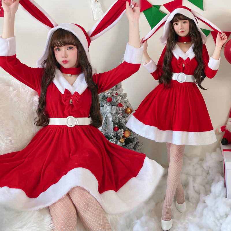 Japanese Christmas Costume Santa Claus Dress up Red Cute Bunny Girl Bunny Dress Long-Sleeved Dress Cross-Border