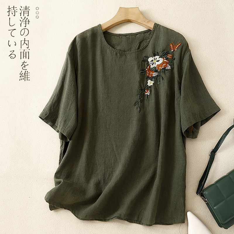 Women's Summer Clothing New Korean Style plus size Flesh Covering Embroidered Top Pullover Western Style Retro Casual Cotton Linen Short Sleeve Shirt