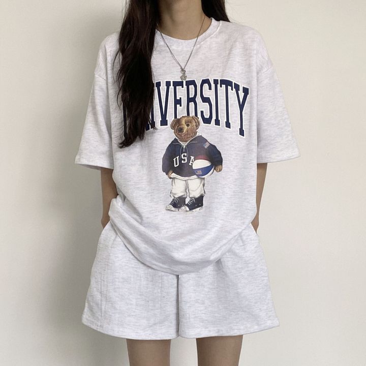 3-color Midi Two-piece Suit Women's Plus Size Korean Style Summer Fashionable Casual Sportswear Cartoon Short-sleeved Shorts Women's Clothing