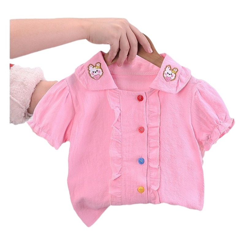 Cross-border Children's Wear 2023 Summer Korean Style Girl's Doll Collar Cartoon Short-sleeved Shirt Top Solid Color Shorts Two-piece Set