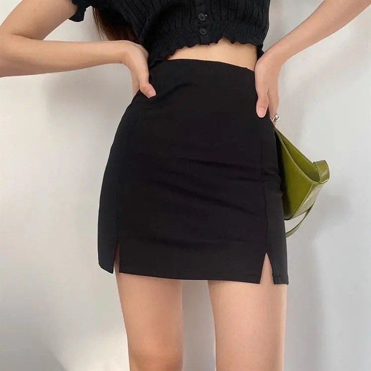 plus size Double Split Black Skirt 2024 Summer chubby girl Slim-fit High Waist Slimming Hip A- line Skirt Short Skirt for Women