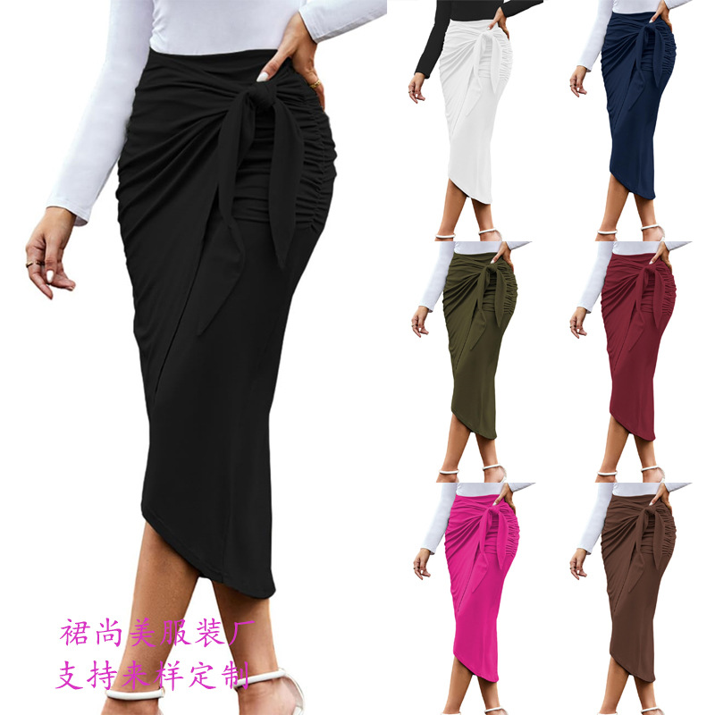 Amazon Independent Station Cross-border Spring and Summer Women's Solid Color Lace-up Pleated Split Skirt
