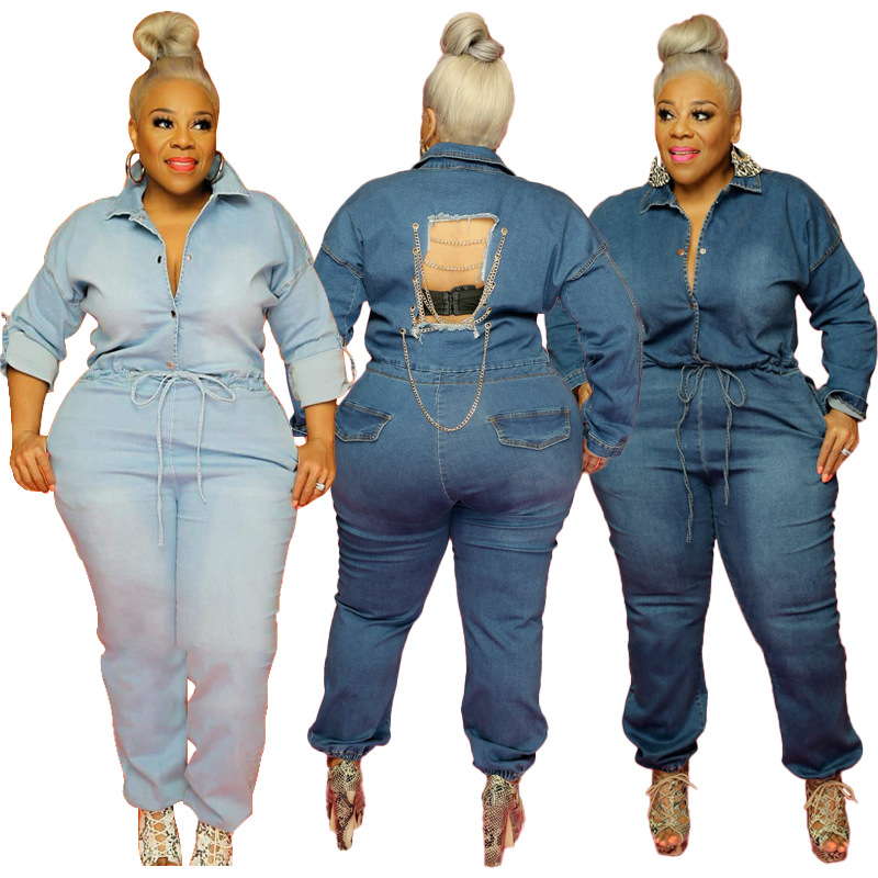 21167 Amazon New Wash Water Spray Ma Ji Ripped Chain Waist Long Sleeve Women's Large Size One-piece Trousers