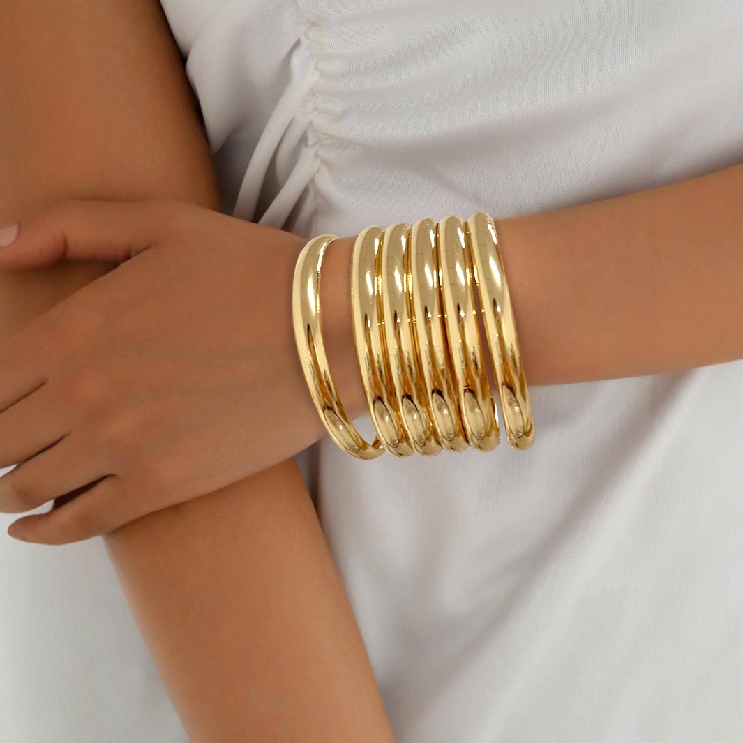 European and American Multi-Layer Wide Version Cut Out Coil Metal Bracelet Women's Personalized Exaggerated Bracelet Simple and Versatile Design Hand Jewelry