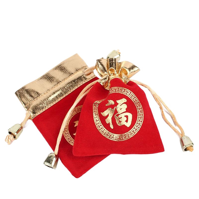 In-Stock Drawstring Drawstring Wedding Gift Lucky Bags, New Year Gold Velvet Jewelry Red Envelopes with Gold "Fu" Character