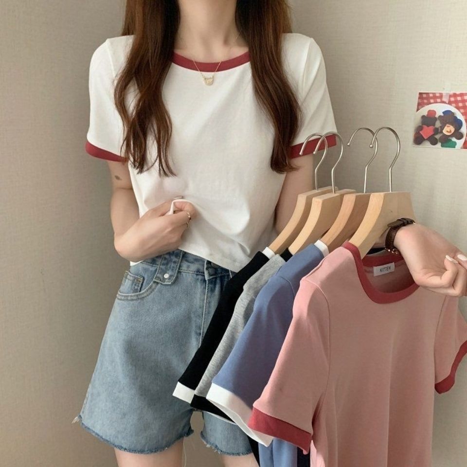 Picture of Contrast Color Round Neck Short Sleeve T-Shirt Women's 2025 New Summer Base Shirt Korean Style Slim Fit Short Student Top Trendy