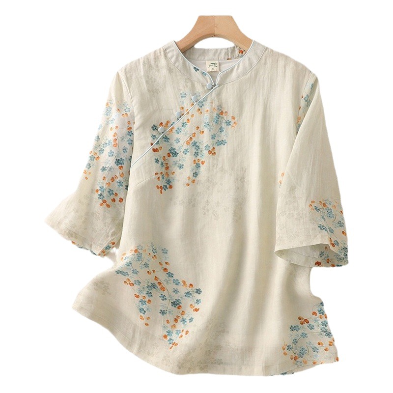 Real shot 2024 summer new top Chinese style stand collar printed pullover retro Chinese Zen cotton and linen shirt