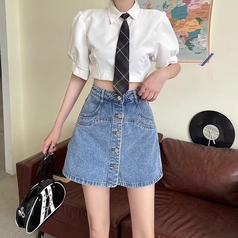 High Waist Denim Short Culottes Girls Summer Thin 2024 New Anti-running Light A- shape Design Sense Bust Pants Skirt