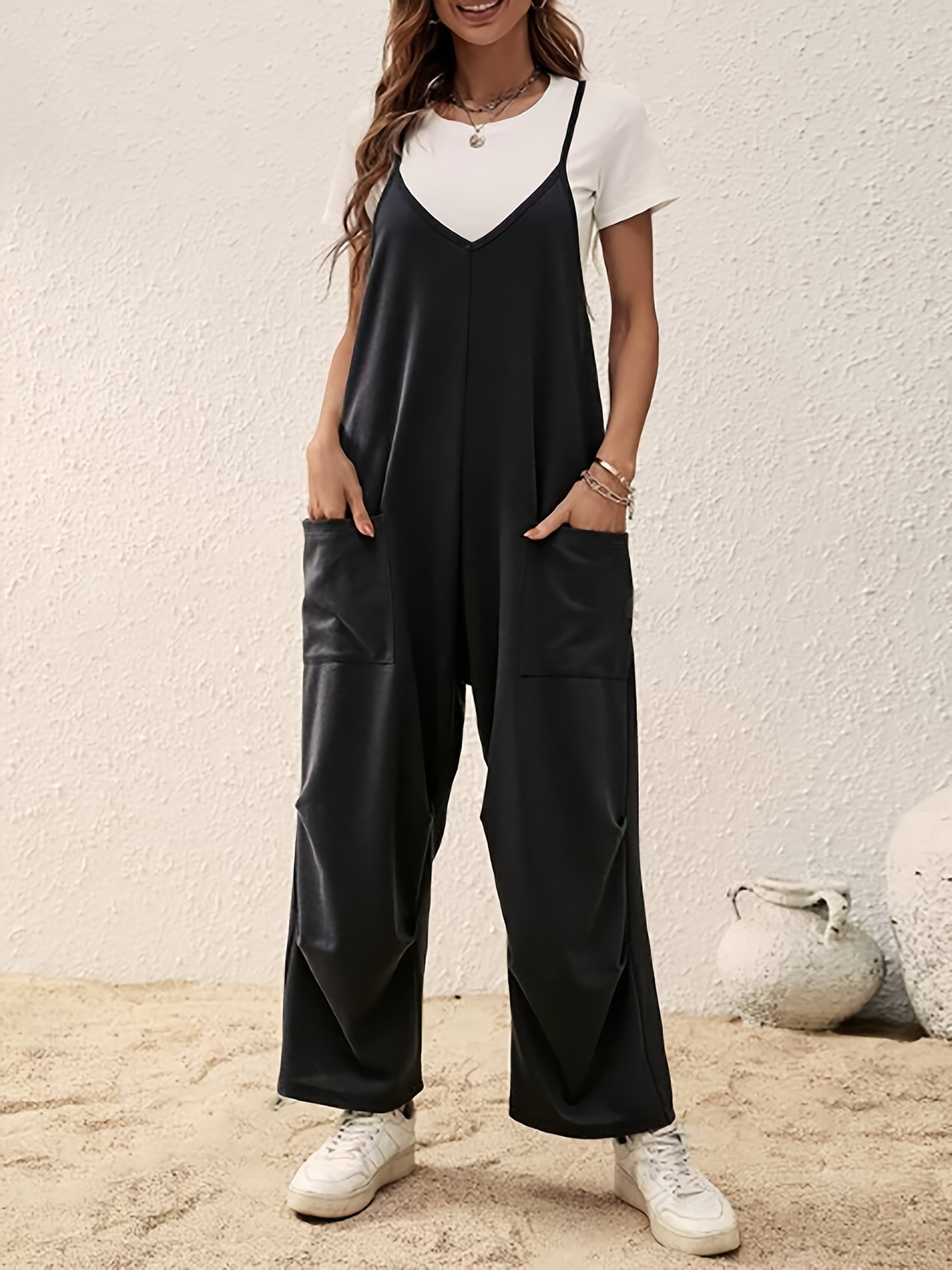 Solid Color Casual Temperament Commuter Pocket Long Pants Suspender Jumpsuit Women's Clothing European and American Amazon Summer New Style