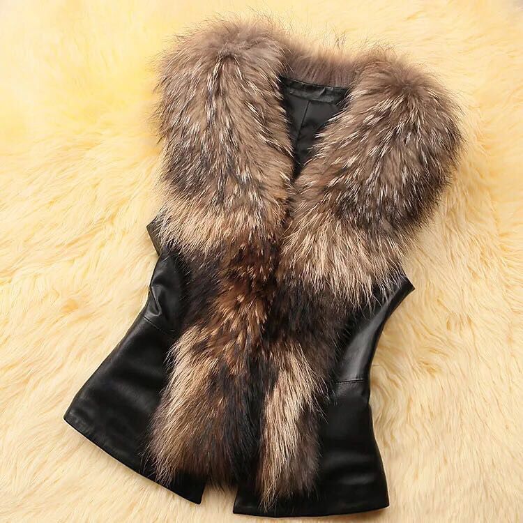 S-4XL AliExpress Women's Raccoon Fur Collar Fur Jacket Vest Short Slim Fit Faux Fur Vest