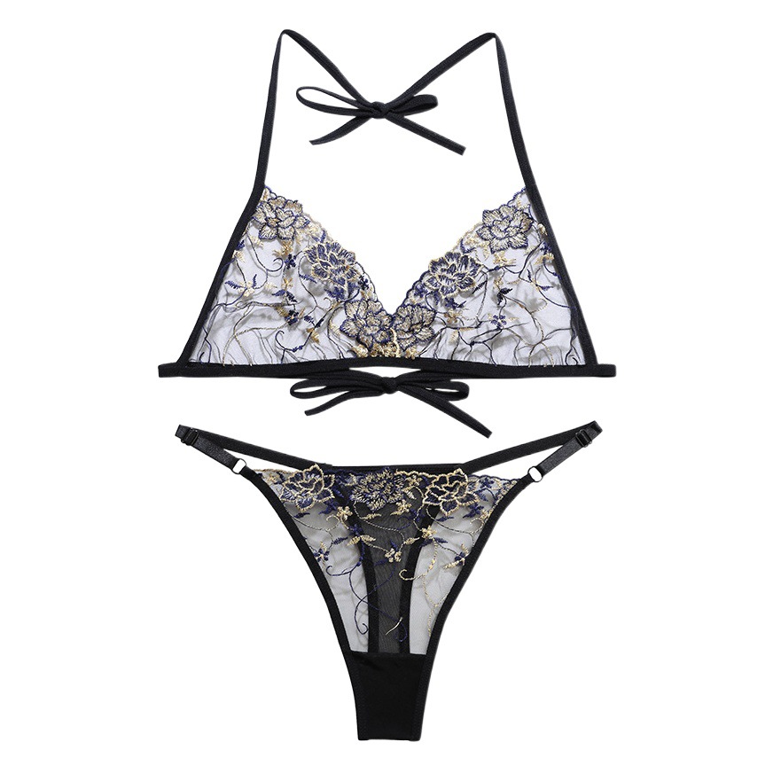 New European and American Embroidered Luxury French Underwear Strap Transparent Sexy Temptation Hot Adjustable Bra Set Women