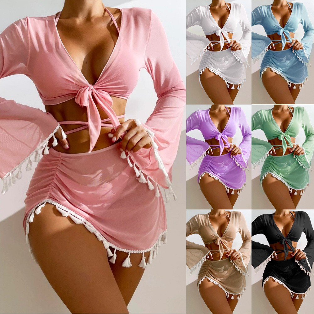 2023 New European and American Cross-border Conservative Swimsuit Women's Solid Color Tassel Mesh Blouse Short Skirt Four-piece Bikini