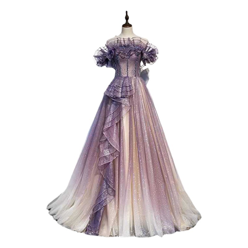 Fashionable Flash mesh high waist three-dimensional off-shoulder drop-down dress banquet host bridesmaid dress evening ceremony