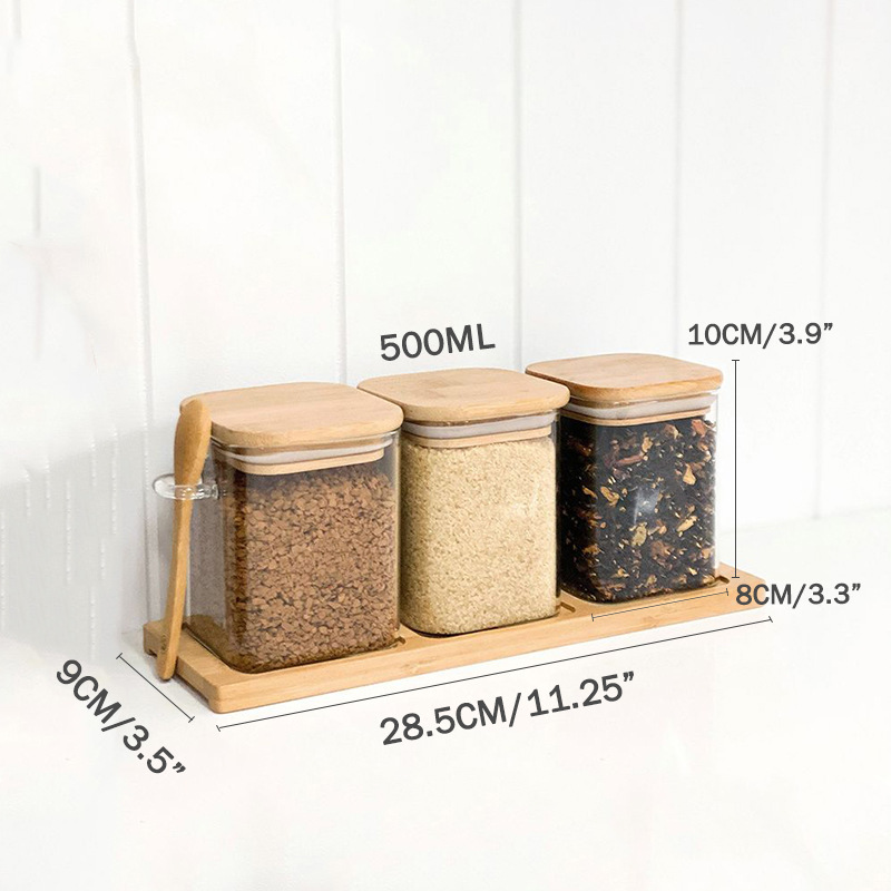 Picture of Light Luxury Kitchen Supplies Seasoning Jar Full Set Household Glass Jar Wooden Spoon Sealed Jar Combination Three-piece Seasoning Bottle