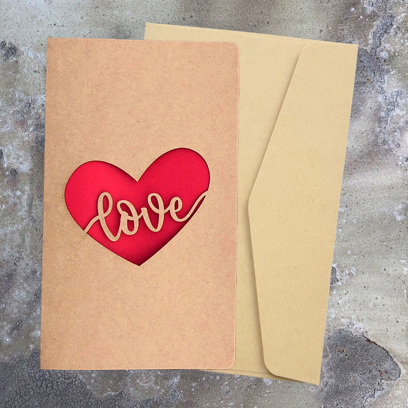 Picture of Retro Kraft Paper Laser Cut Out Heart with Envelope Teacher's Day Thank You Card Greeting Card High-End Valentine's Day Greeting Card